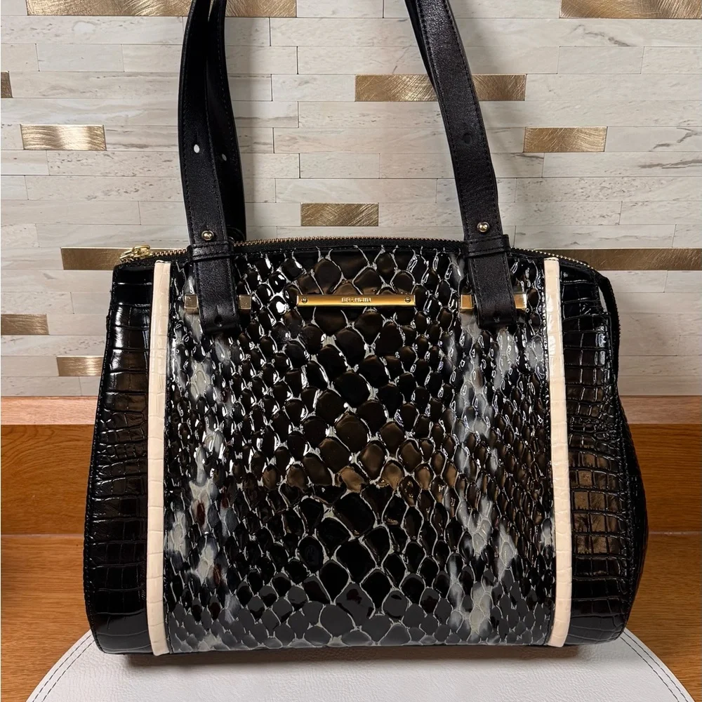 Brahmin Alice Satchel Black Carlisle Snake Embossed Leather Purse Small